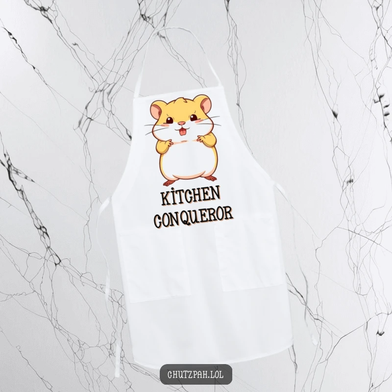 Funny tiny plump hamster striking a bold defiant pose while wearing a kitchen apron.