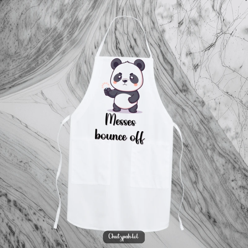 Funny panda bear in an apron, using a tiny invisible force field to protect against messes.