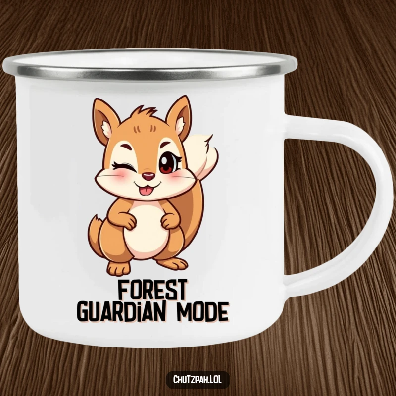 Funny mischievous squirrel winking and holding its ground firmly, on a durable enamel camping mug.