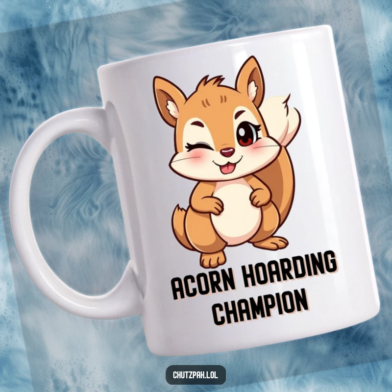 Funny mischievous squirrel winking and holding its ground firmly on a humorous coffee mug.