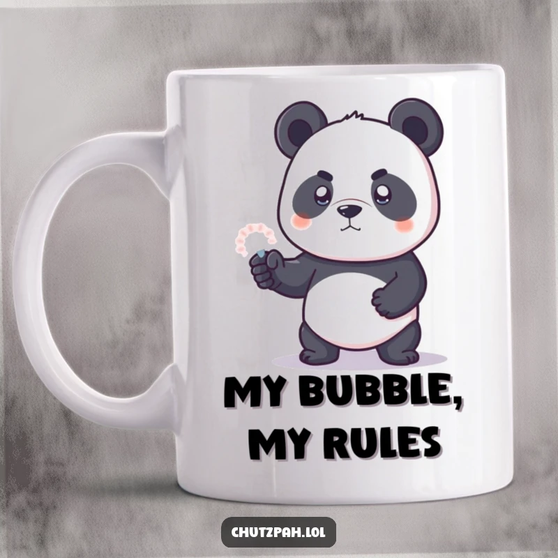 Funny panda bear cub bravely holding a tiny transparent force field, looking determined on a coffee mug.