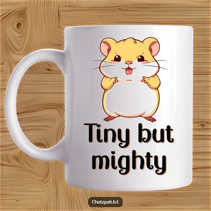Funny tiny plump hamster striking a bold defiant pose on a humorous coffee mug.