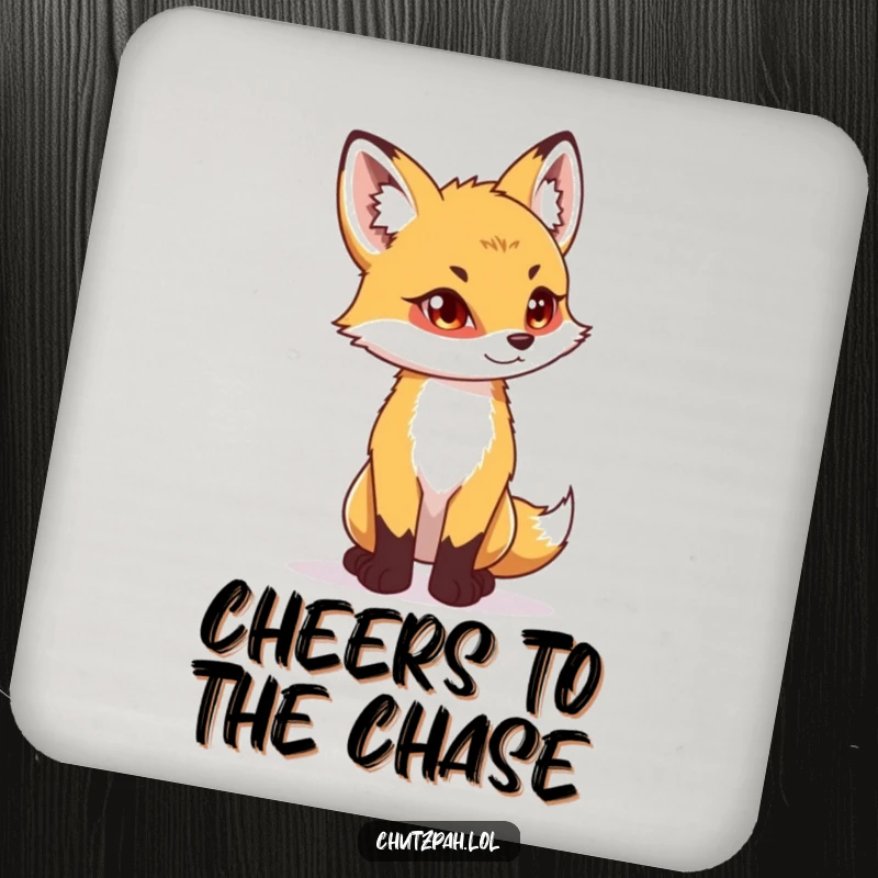 Funny playful fox cub standing tall with a determined glint, serving as a drink coaster.