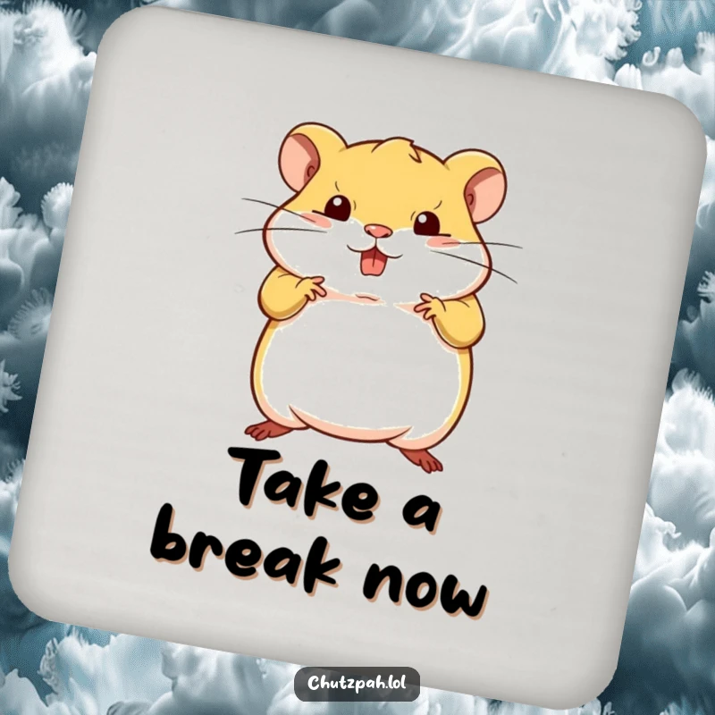 Funny tiny plump hamster striking a bold defiant pose, serving as a drink coaster.