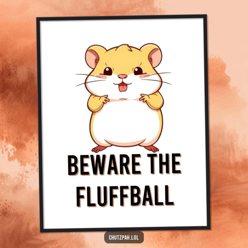 Tiny plump hamster striking a bold defiant pose, displayed as humorous wall art.