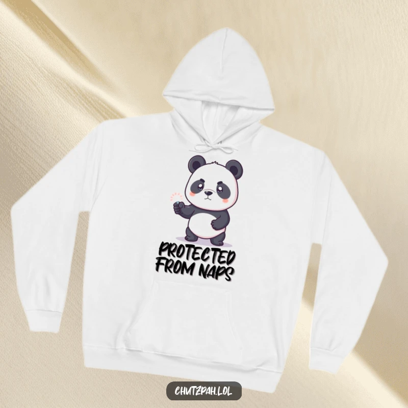 Funny panda bear cub using a tiny invisible force field, depicted on a warm and cozy hoodie.