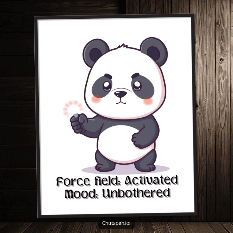 Funny Free Printable Panda Wall Art: Small panda bravely holds an invisible force field, ready to protect your space with humor.