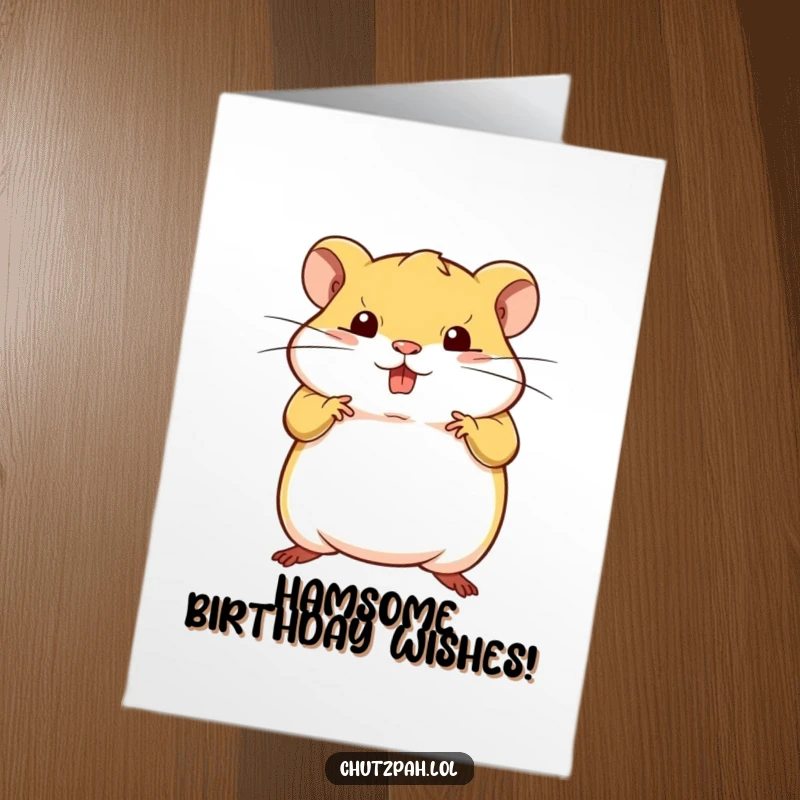 Funny Free Printable Hamster Birthday Card: Tiny plump hamster strikes a bold pose, defiantly wishing them a happy birthday.