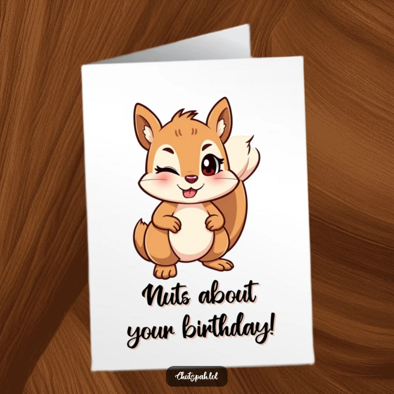 Funny Free Printable Squirrel Birthday Card: Mischievous squirrel winks playfully, defending birthday wishes with firm, nutty charm.