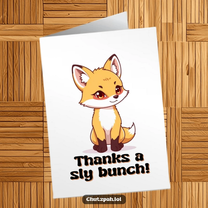 Funny Free Printable Fox Cub Thank You Card: Playful cub stands tall, determined gaze conveying heartfelt thanks.