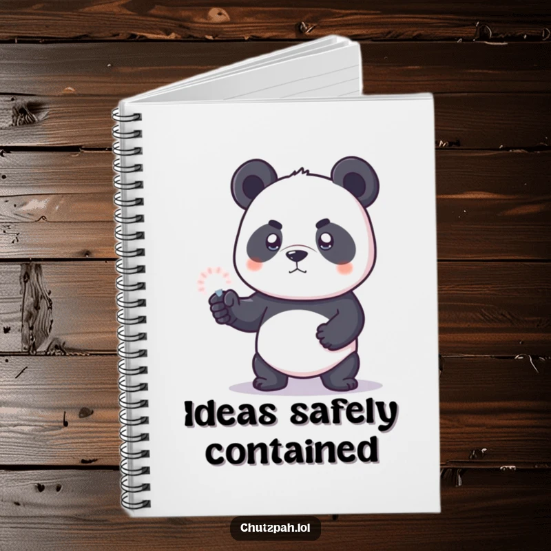 Funny panda bear cub holding an invisible force field, ready to take notes in a notebook.