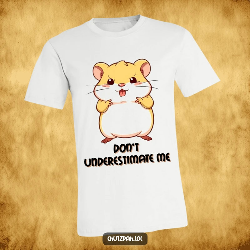 A tiny plump hamster striking a bold defiant pose, depicted on a funny t-shirt.