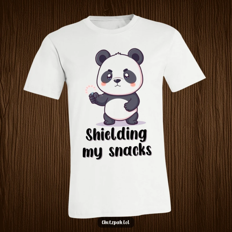 Funny panda bear cub with an invisible force field, standing defiantly on a humorous t-shirt graphic.