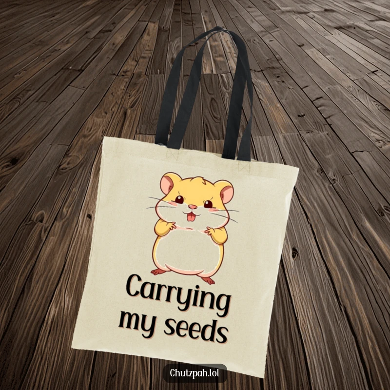 Funny tiny plump hamster striking a bold defiant pose on a durable tote bag.